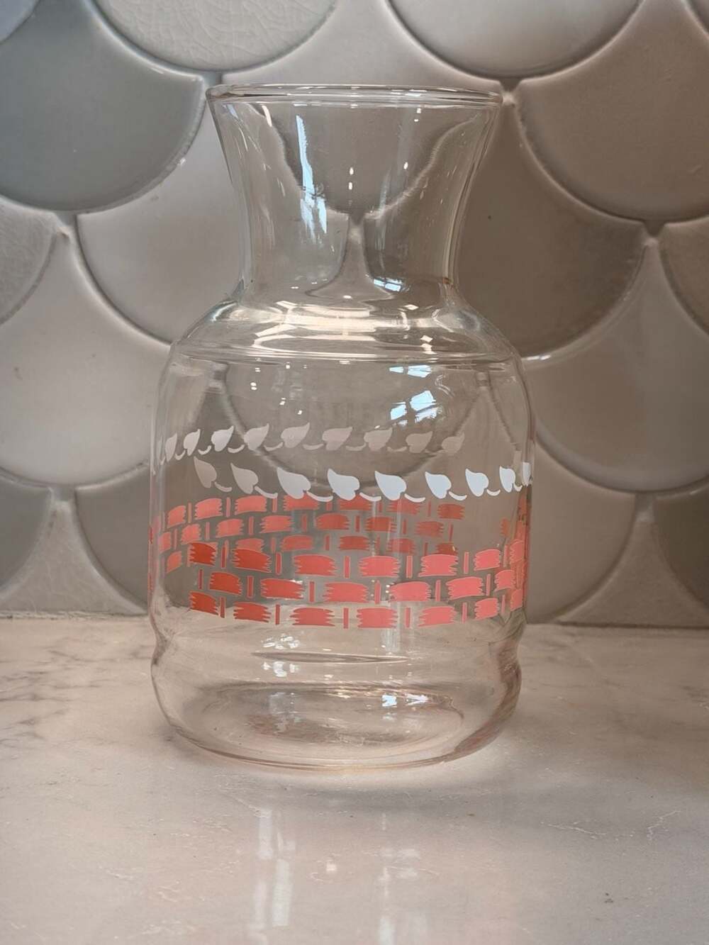 Federal Glass Handi-Serv Carafe Juice Decanter Pink Basket Weave White Foliage